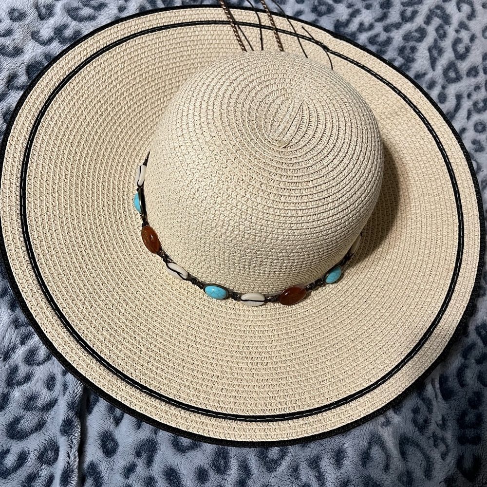 Straw Hat with Shells and Beaded Trim